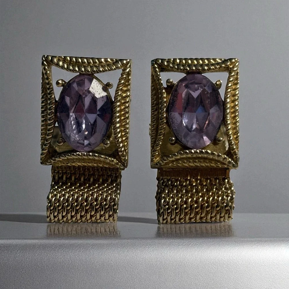 VTG Swank Purple Amethyst Glass Cufflinks Gold Tone Wrap‎ Around Open Rectangle